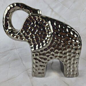 Torre & Tagus Bold Hammered Look Silver Metallic Ceramic Elephant Raised Trunk
